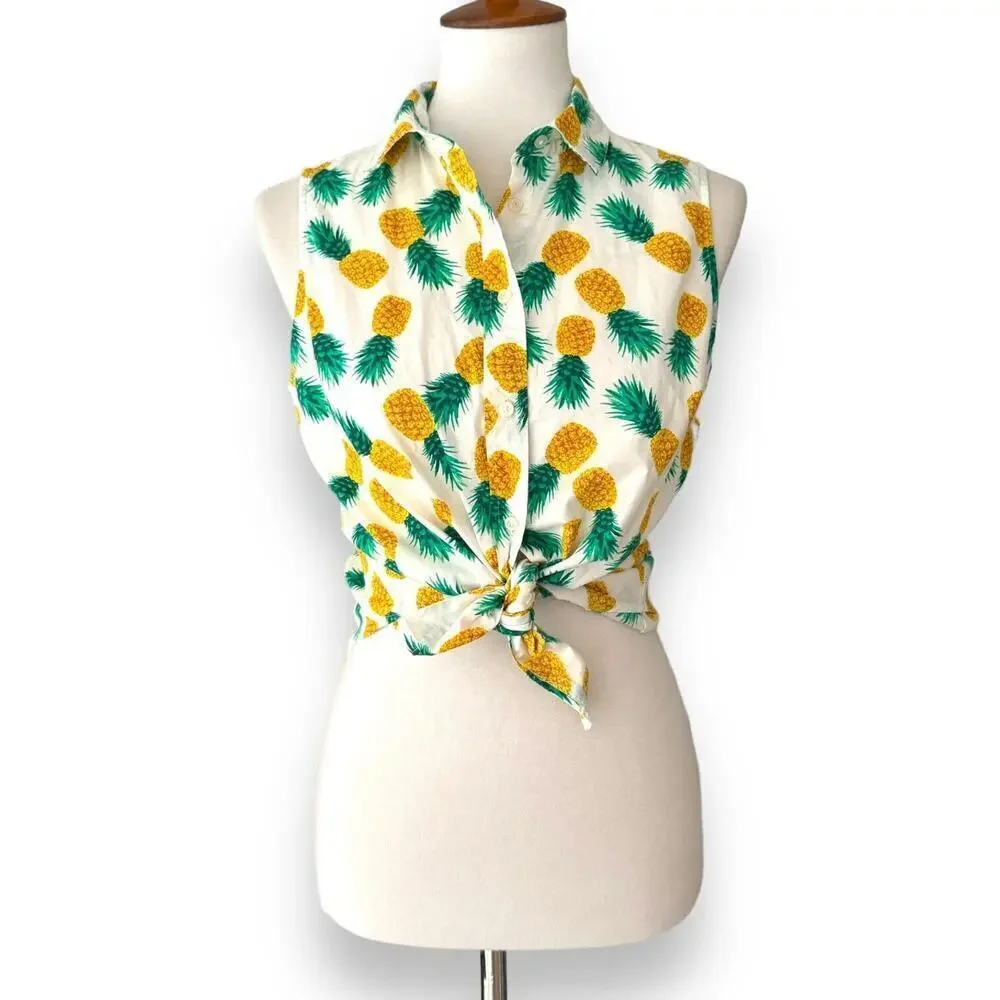 J. Crew White Pineapple Print Sleeveless Button Up Cropped Blouse Top Size M